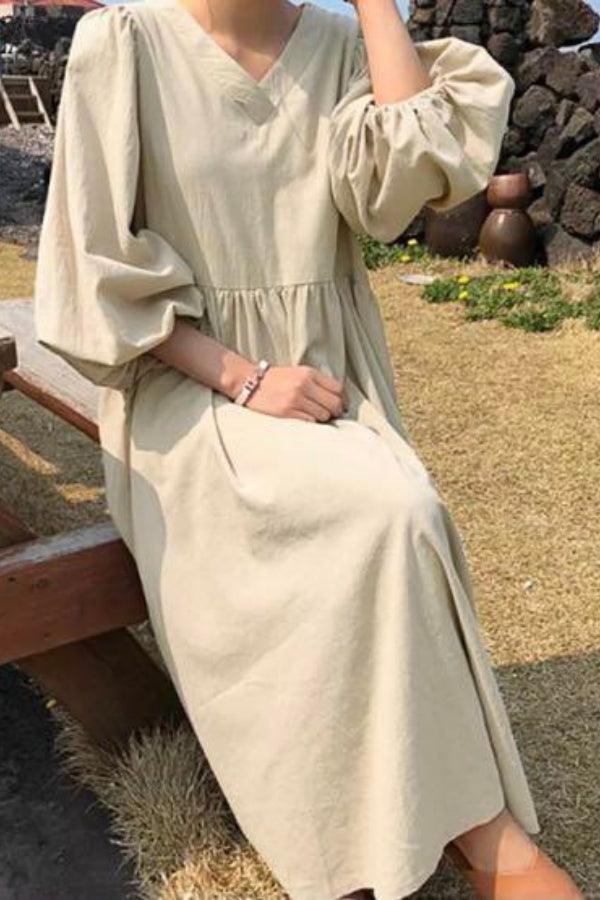 Clara | V-Neck Balloon Sleeve Midi Dress
