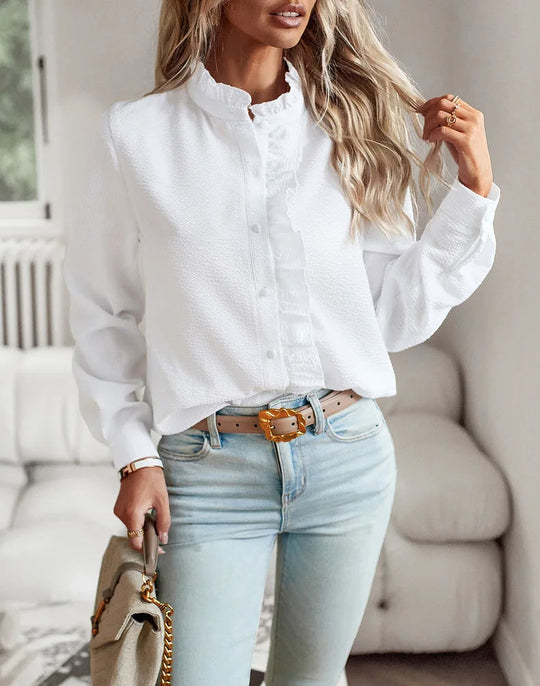 Women's Button Front Ruffle Blouse