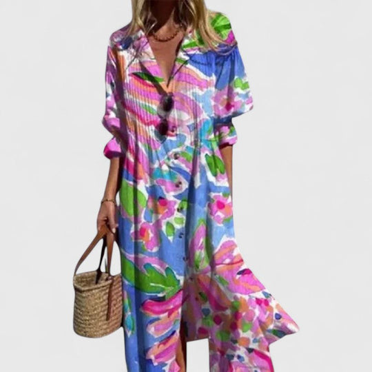 Boho dress featuring vibrant patterns and a flattering fit, made from lightweight fabric, perfect for casual and special occasions. 4