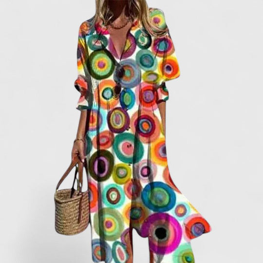 Boho dress featuring vibrant patterns and a flattering fit, made from lightweight fabric, perfect for casual and special occasions. 6