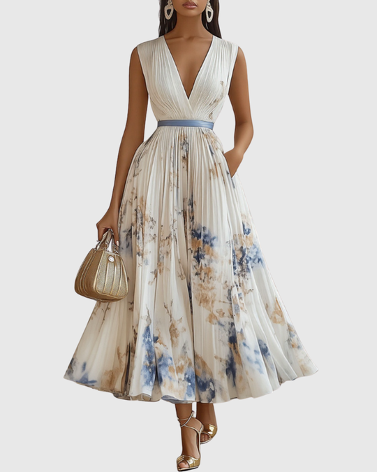 Floral maxi dress with long sleeves and ribbon-tie waist, featuring an elegant V-neck design for women, perfect for spring and summer occasions. 0