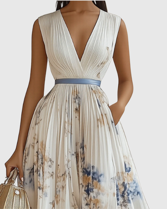 Floral maxi dress with long sleeves and ribbon-tie waist, featuring an elegant V-neck design for women, perfect for spring and summer occasions. 1