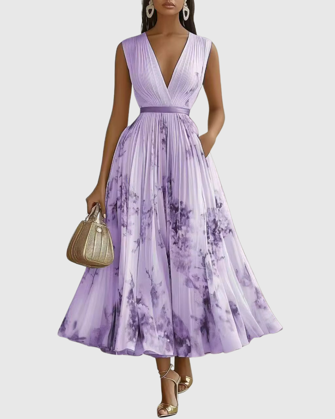 Floral maxi dress with long sleeves and ribbon-tie waist, featuring an elegant V-neck design for women, perfect for spring and summer occasions. 10