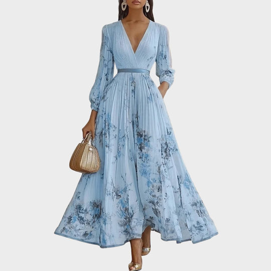 Floral maxi dress with long sleeves and ribbon-tie waist, featuring an elegant V-neck design for women, perfect for spring and summer occasions. 3