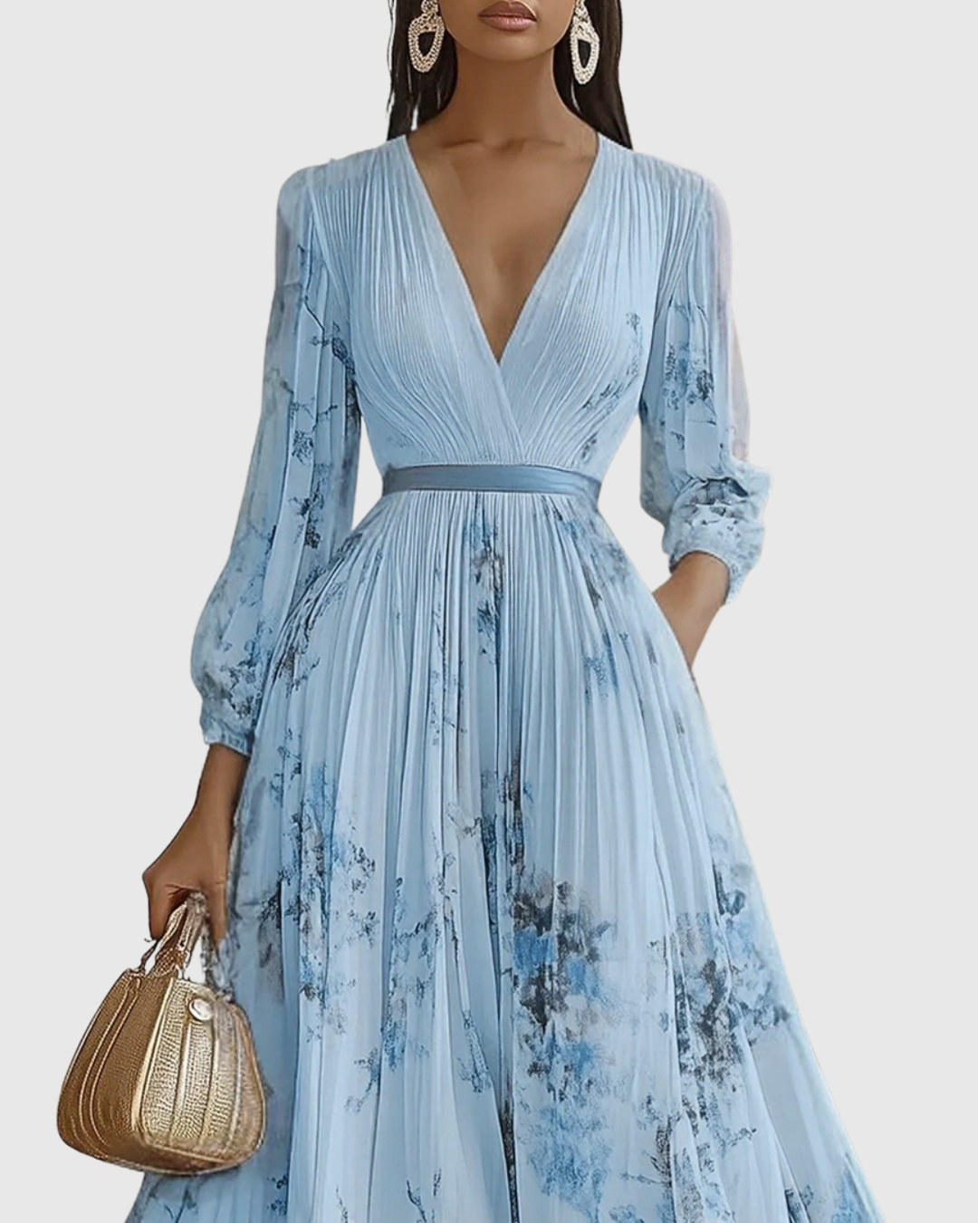 Floral maxi dress with long sleeves and ribbon-tie waist, featuring an elegant V-neck design for women, perfect for spring and summer occasions. 4