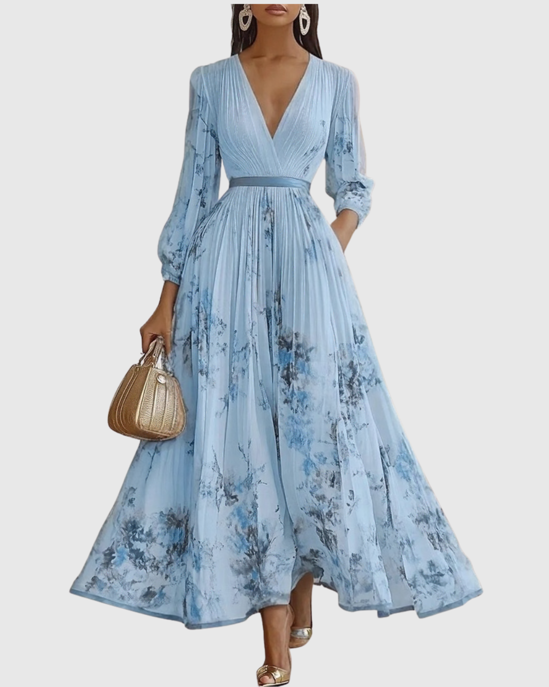 Floral maxi dress with long sleeves and ribbon-tie waist, featuring an elegant V-neck design for women, perfect for spring and summer occasions. 5