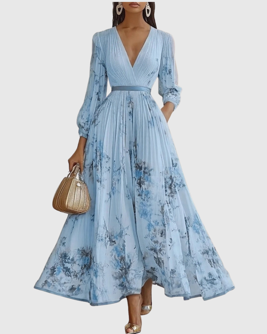 Floral maxi dress with long sleeves and ribbon-tie waist, featuring an elegant V-neck design for women, perfect for spring and summer occasions. 5