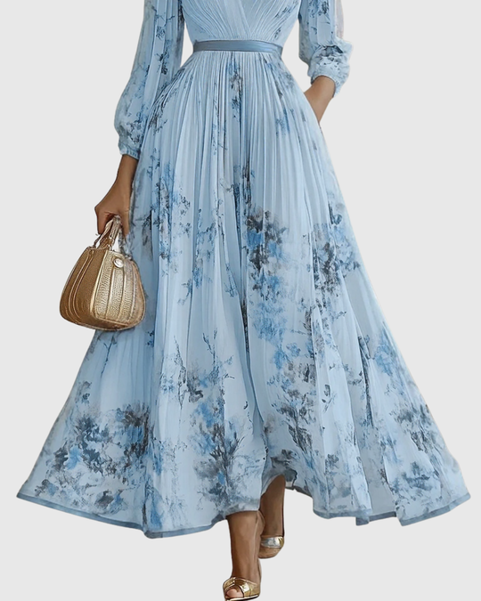 Floral maxi dress with long sleeves and ribbon-tie waist, featuring an elegant V-neck design for women, perfect for spring and summer occasions. 6