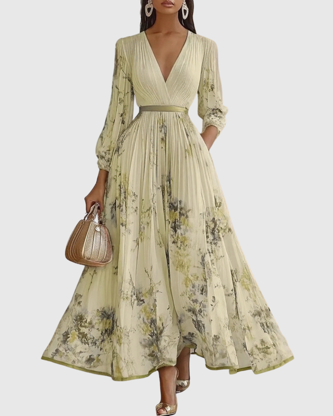 Floral maxi dress with long sleeves and ribbon-tie waist, featuring an elegant V-neck design for women, perfect for spring and summer occasions. 7
