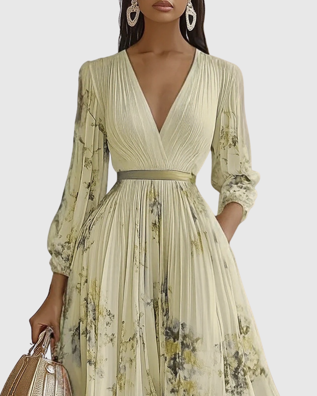 Floral maxi dress with long sleeves and ribbon-tie waist, featuring an elegant V-neck design for women, perfect for spring and summer occasions. 8