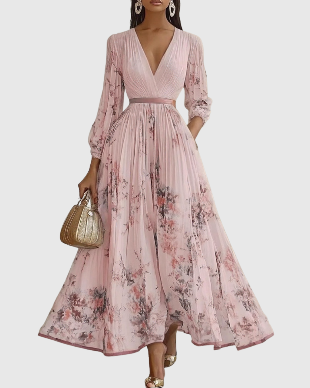 Floral maxi dress with long sleeves and ribbon-tie waist, featuring an elegant V-neck design for women, perfect for spring and summer occasions. 9