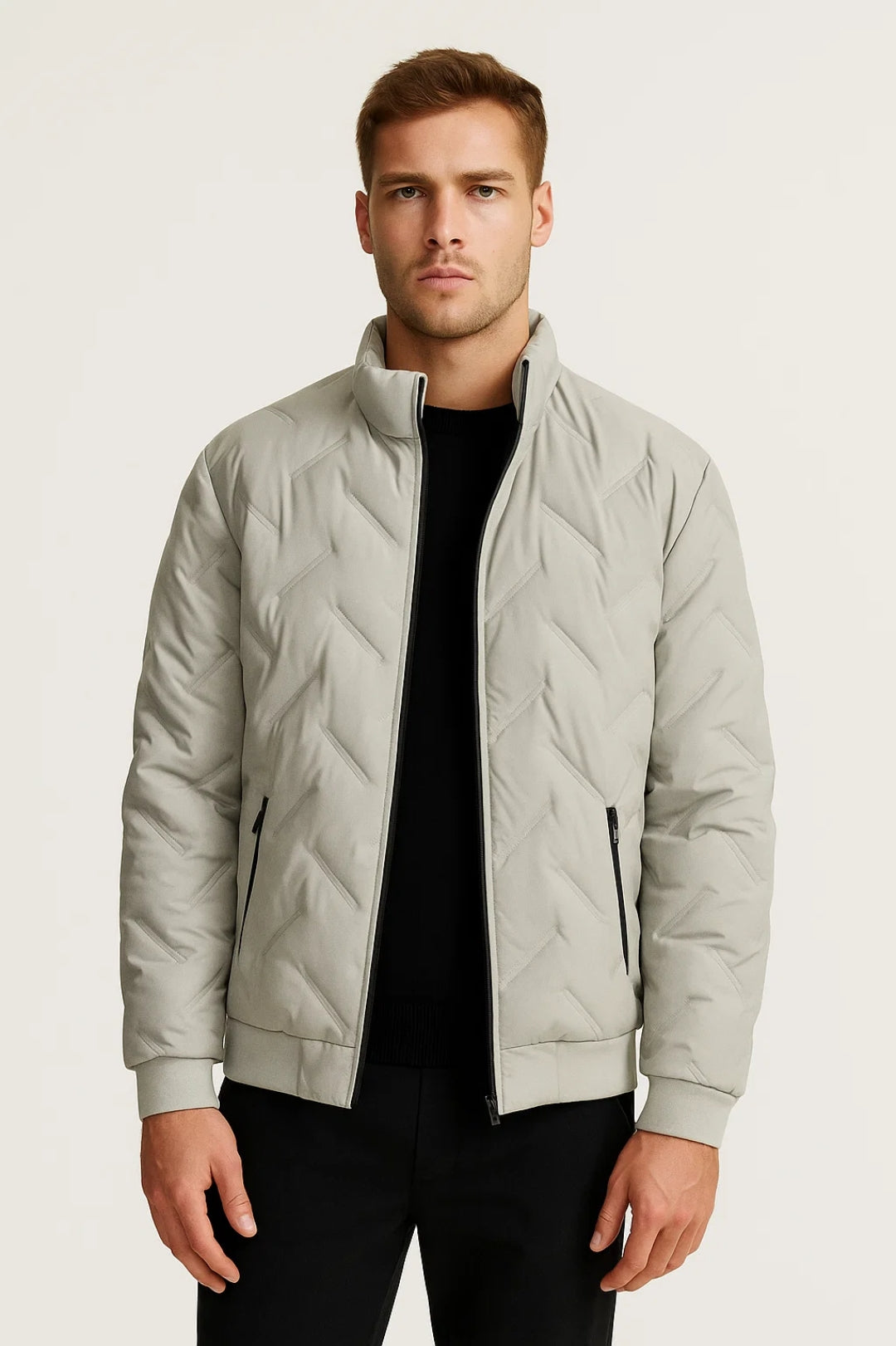 Men’s Quilted Bomber Jacket With High Collar And Zip Closure