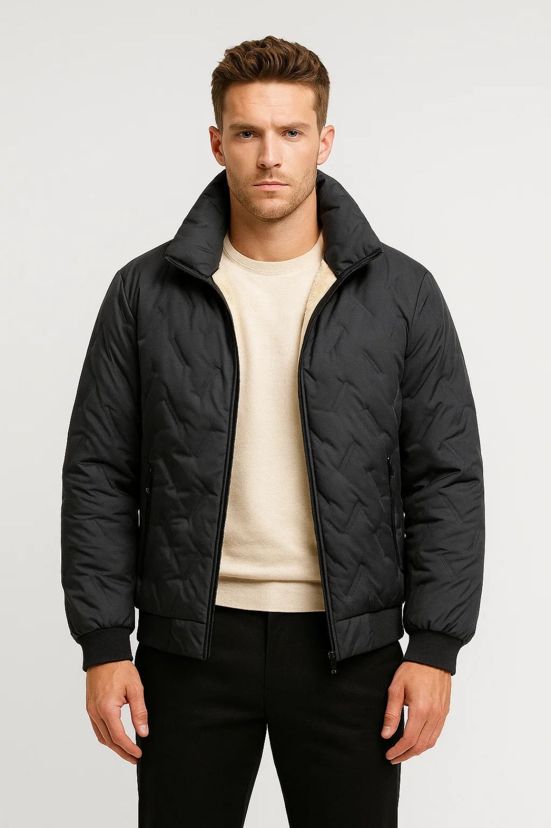 Men’s Quilted Bomber Jacket With High Collar And Zip Closure