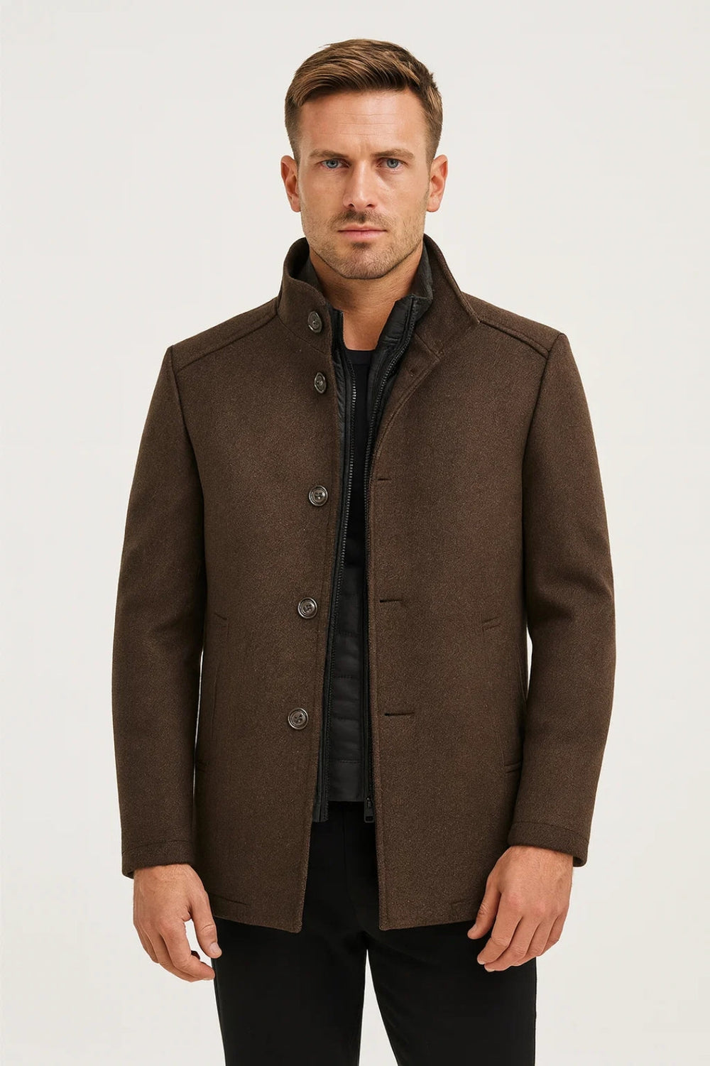 Men’s Winter Coat With Button Closure And Stand Collar