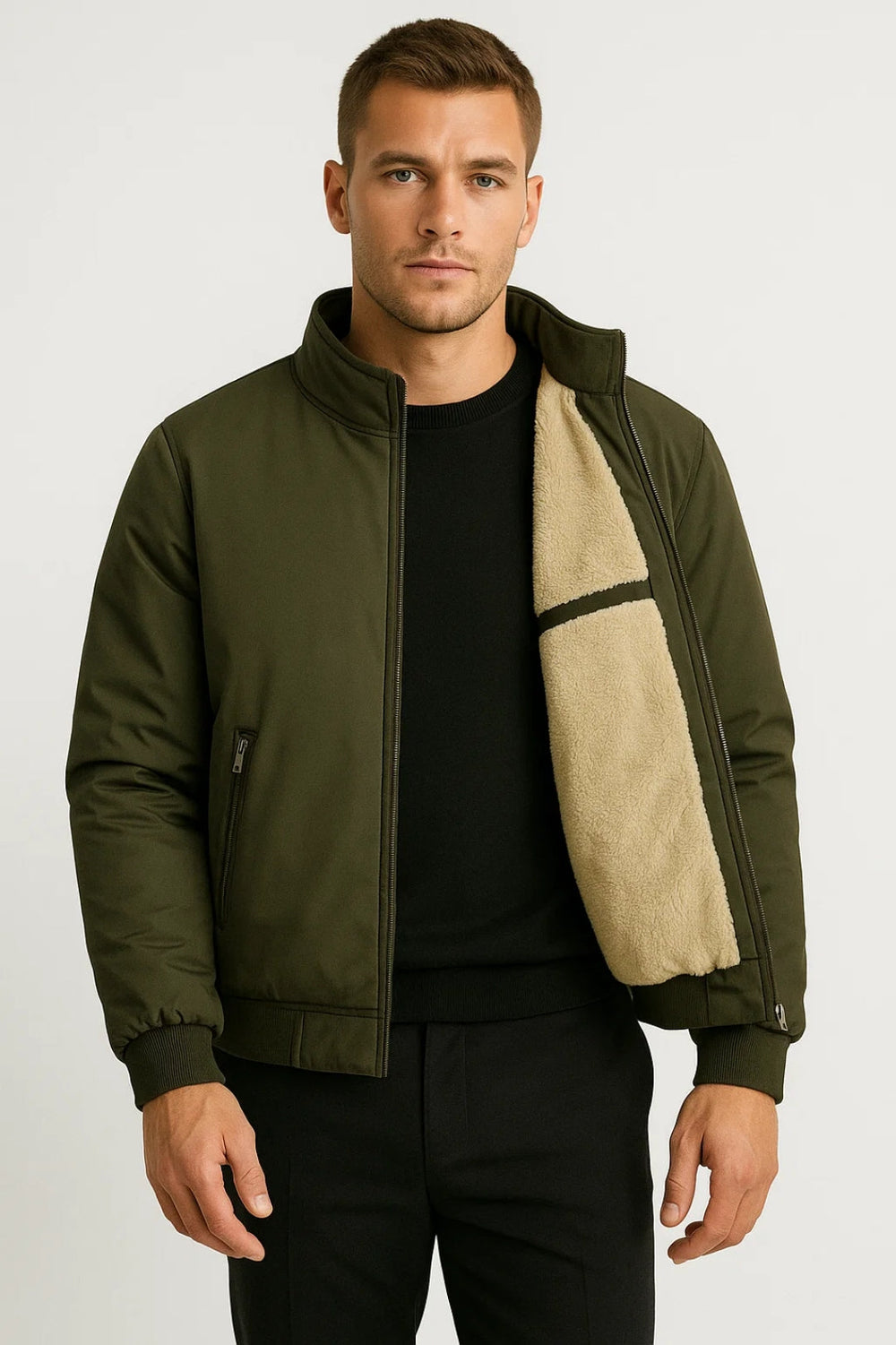 Men’s Bomber Jacket With High Collar And Zip Closure