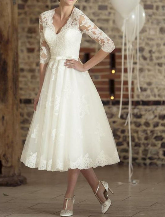 Women's 3/4 Sleeve Midi Wedding Dress