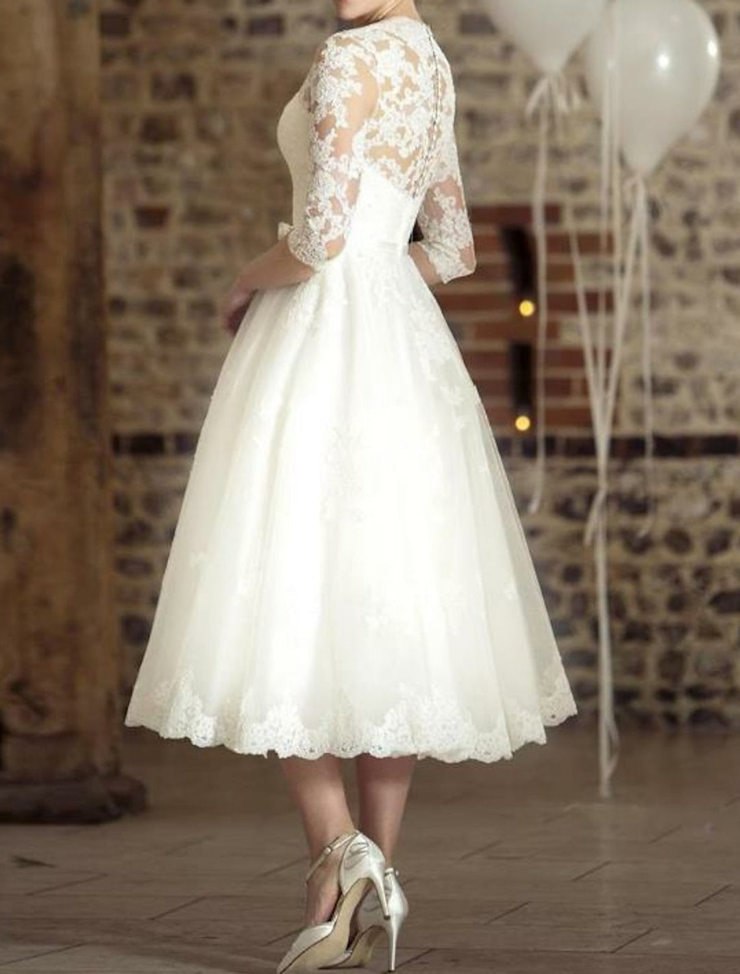 Women's 3/4 Sleeve Midi Wedding Dress
