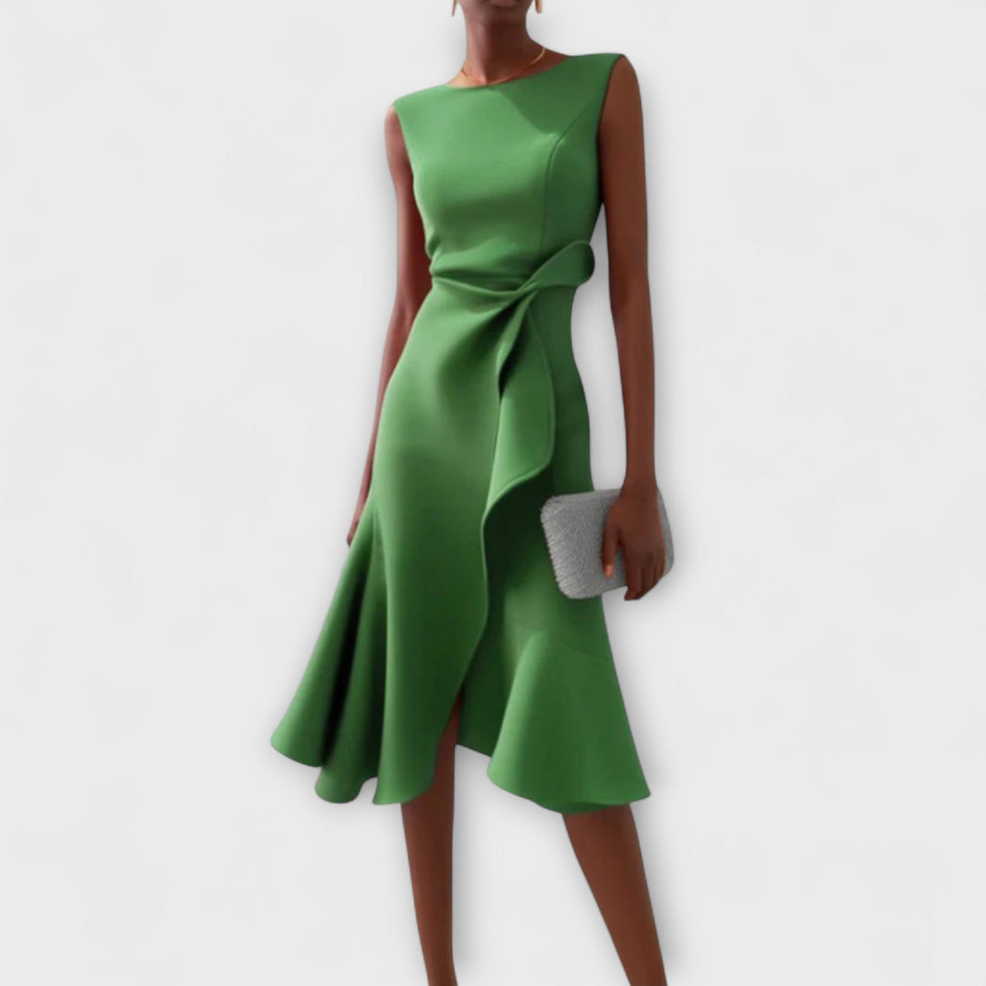 Elegant sleeveless midi dress featuring a unique asymmetric detail, perfect for chic occasions and flattering all body types. 6