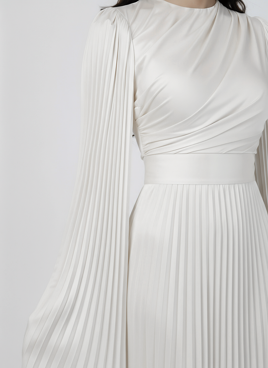 Women's Pleated Long Sleeve Maxi Wedding Guest Dress