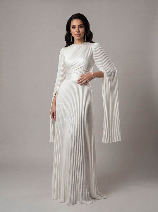 Women's Pleated Long Sleeve Maxi Wedding Guest Dress