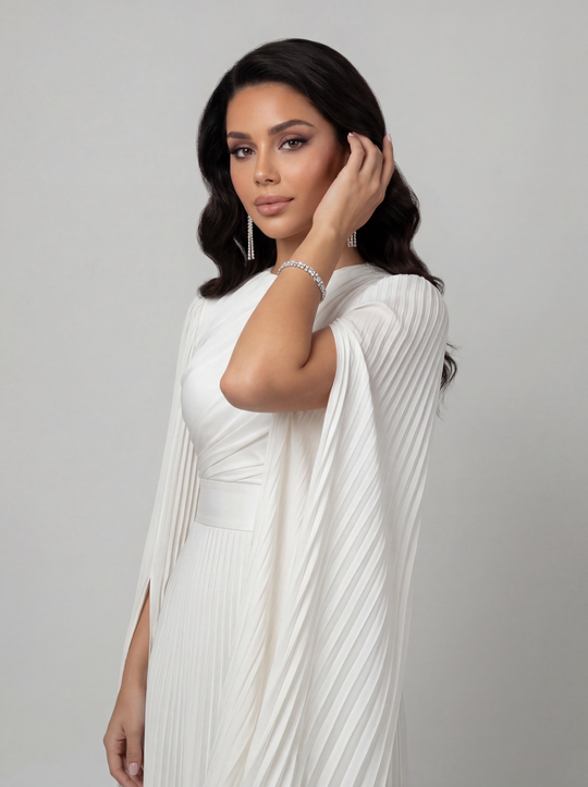 Women's Pleated Long Sleeve Maxi Wedding Guest Dress