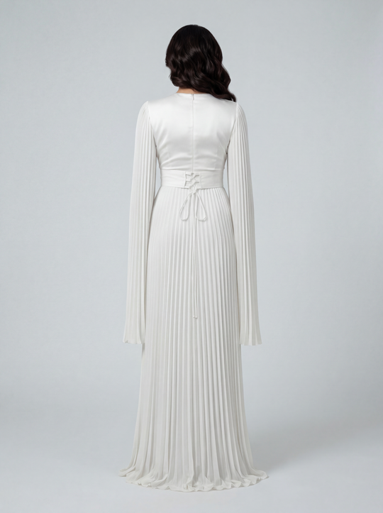 Women's Pleated Long Sleeve Maxi Wedding Guest Dress