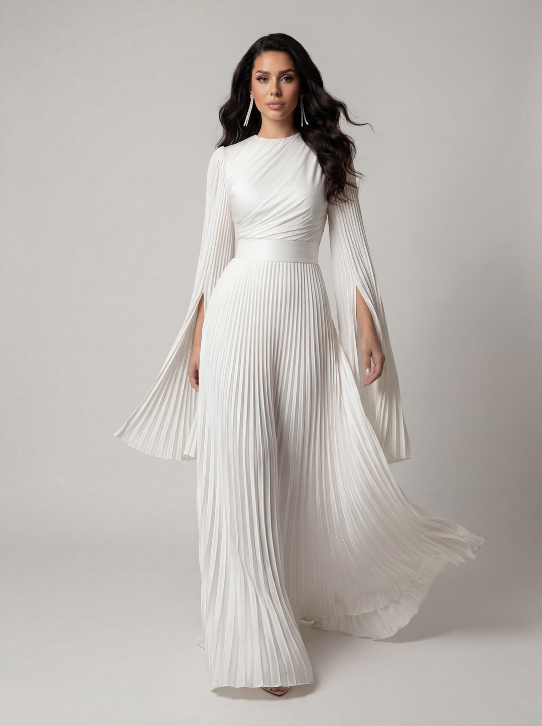 Women's Pleated Long Sleeve Maxi Wedding Guest Dress