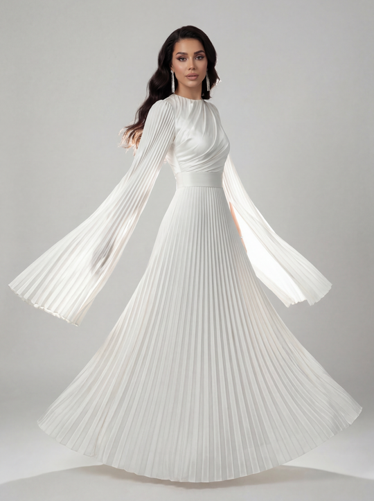Women's Pleated Long Sleeve Maxi Wedding Guest Dress