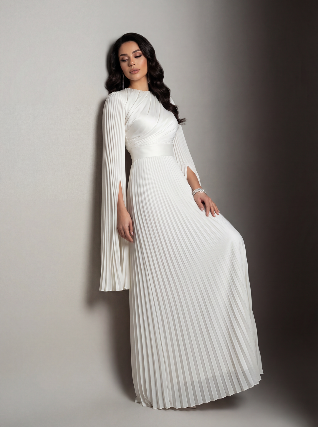 Women's Pleated Long Sleeve Maxi Wedding Guest Dress