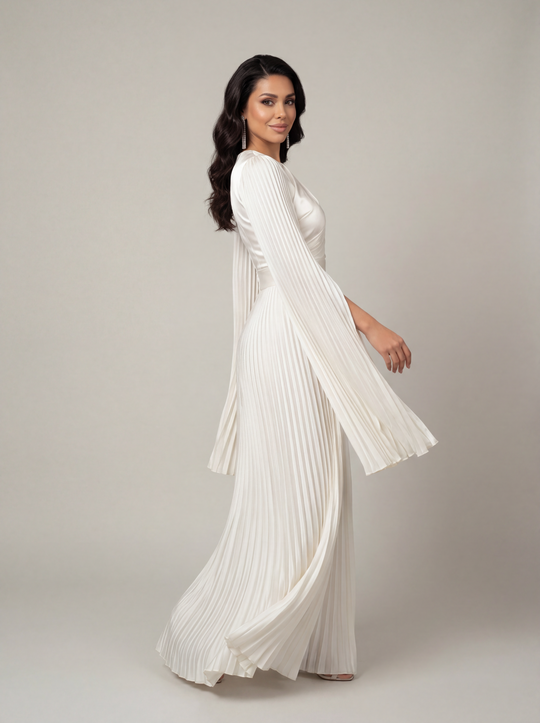 Women's Pleated Long Sleeve Maxi Wedding Guest Dress