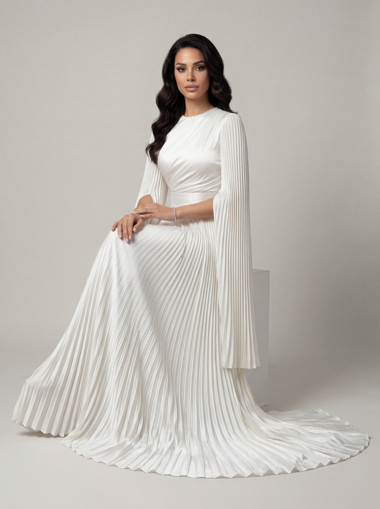 Women's Pleated Long Sleeve Maxi Wedding Guest Dress