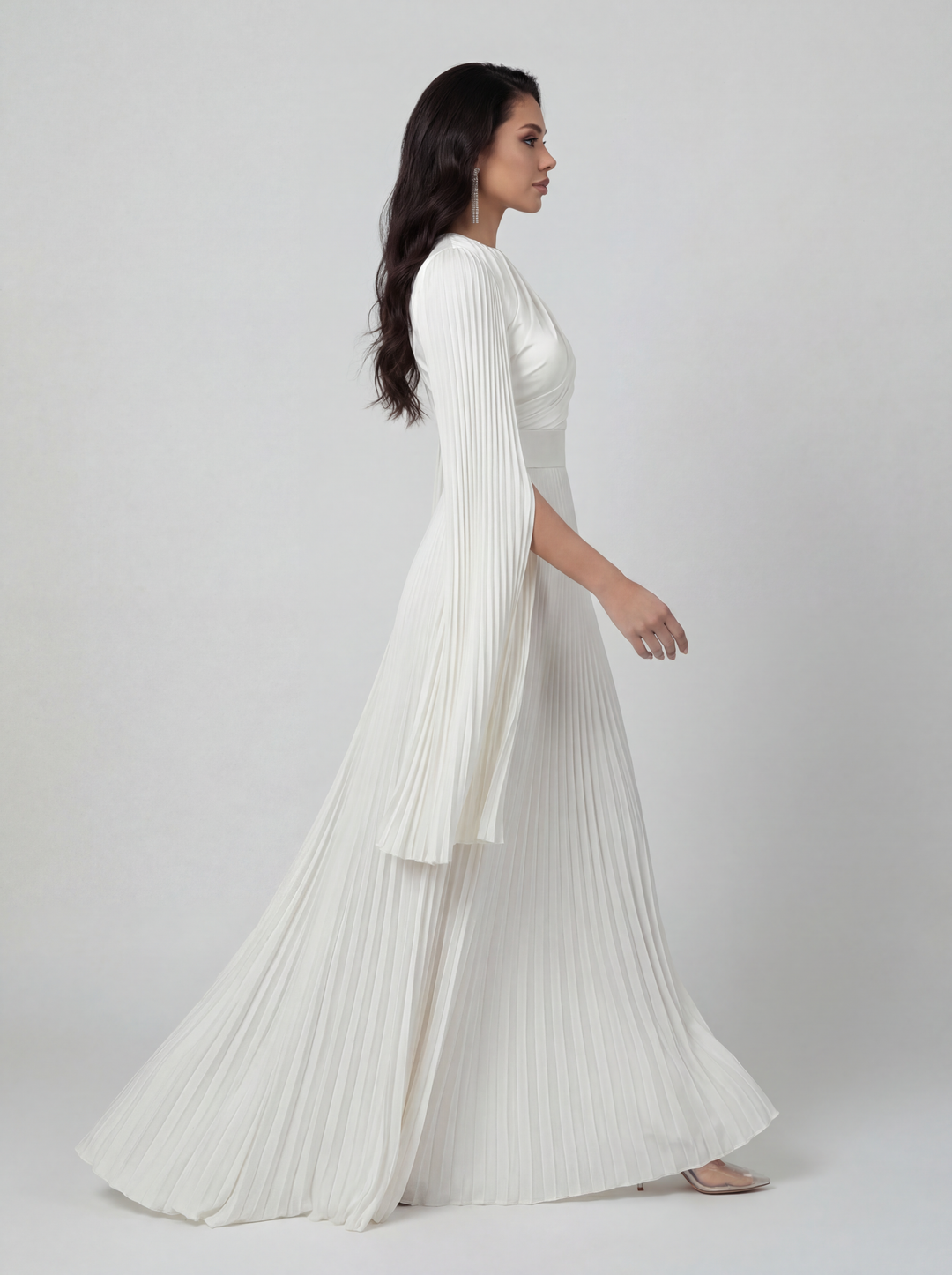 Women's Pleated Long Sleeve Maxi Wedding Guest Dress