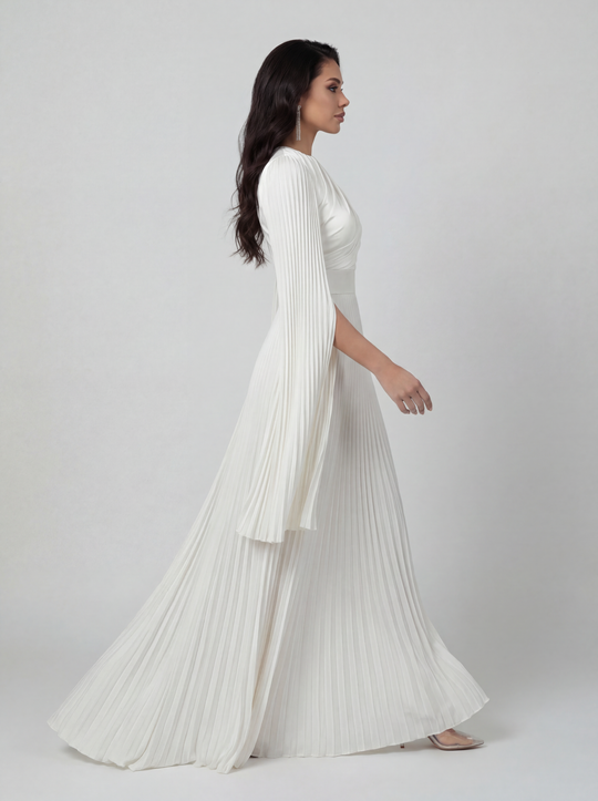 Women's Pleated Long Sleeve Maxi Wedding Guest Dress