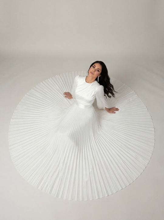 Women's Pleated Long Sleeve Maxi Wedding Guest Dress