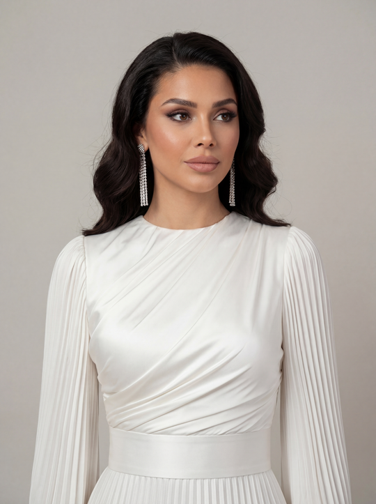 Women's Pleated Long Sleeve Maxi Wedding Guest Dress