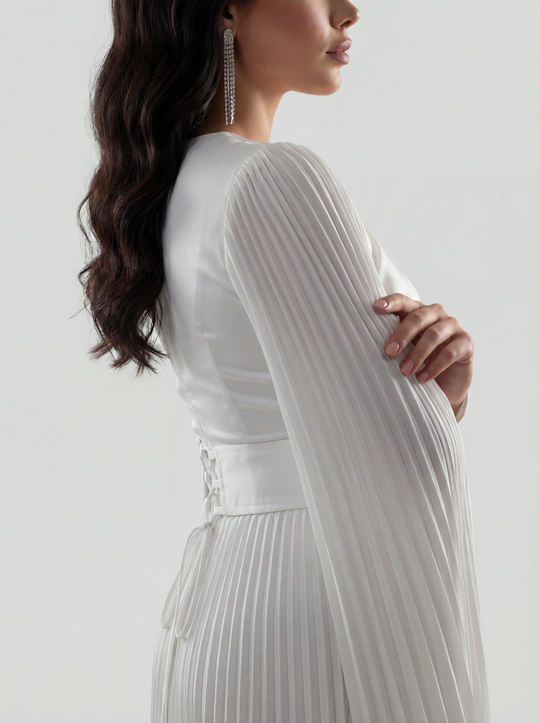 Women's Pleated Long Sleeve Maxi Wedding Guest Dress