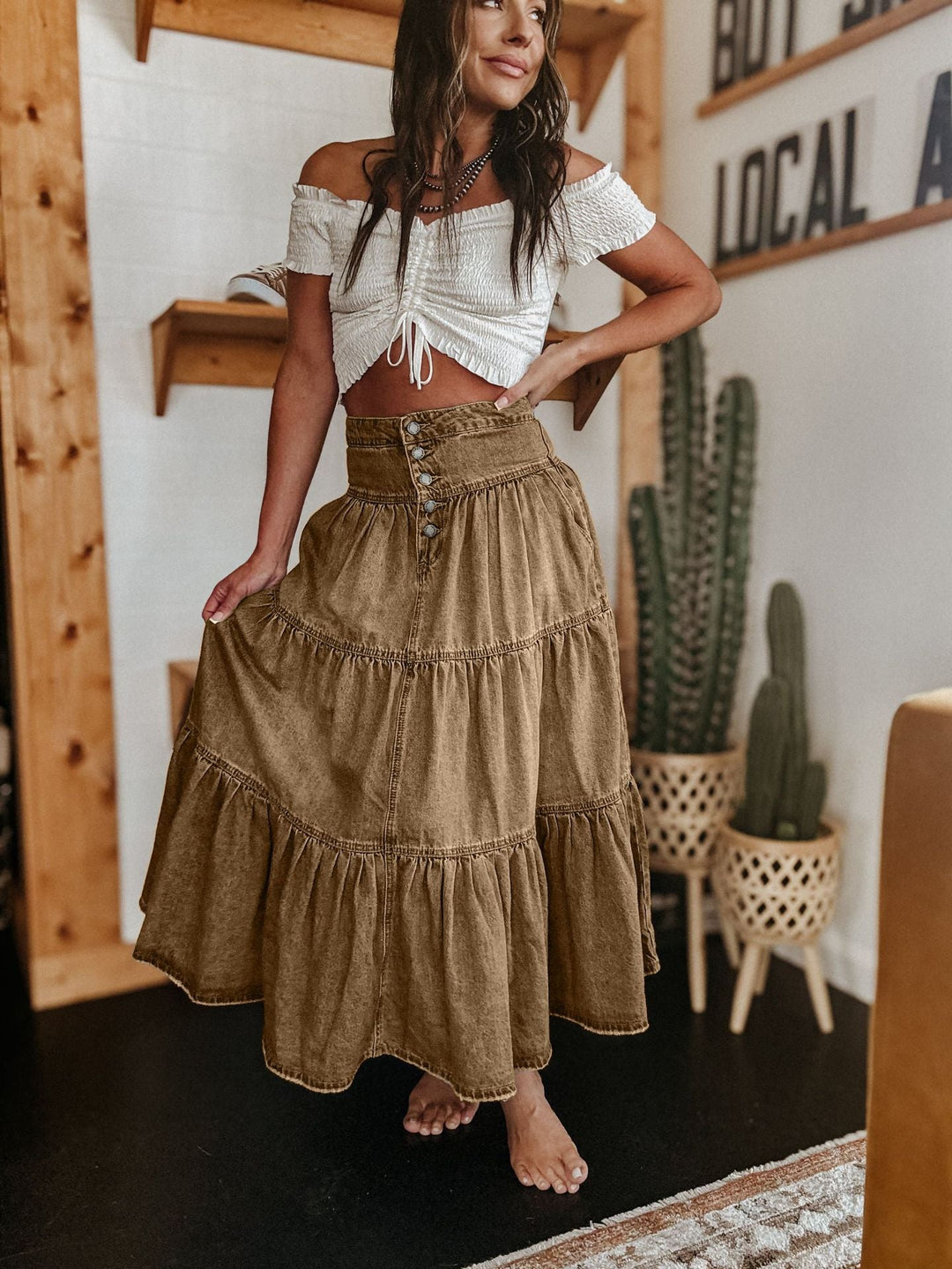 Women's Button Vintage Maxi Skirt