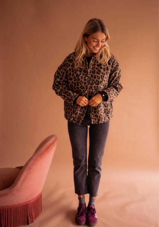 Women's Leopard Button Bomber Jacket