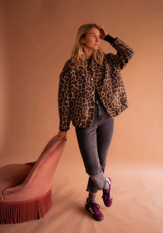 Women's Leopard Button Bomber Jacket