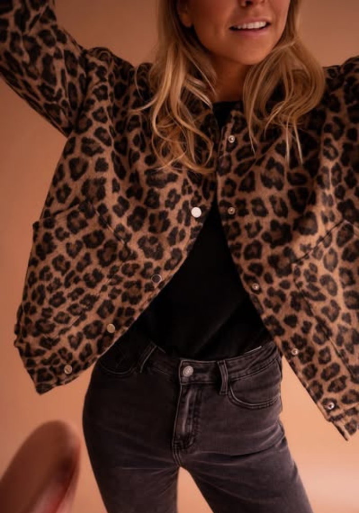 Women's Leopard Button Bomber Jacket