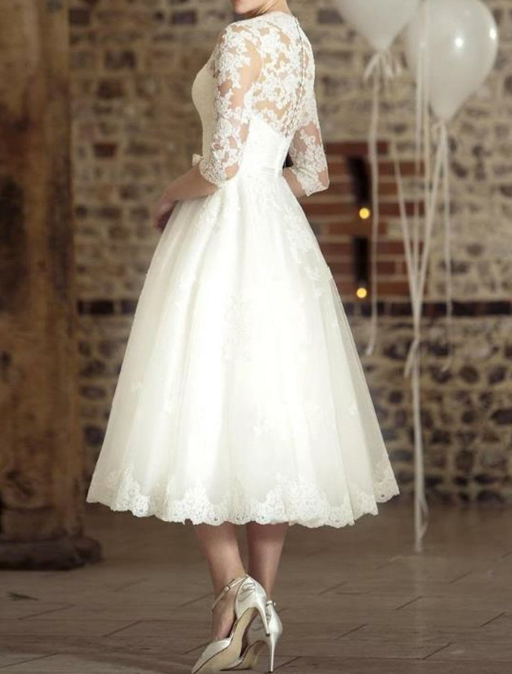 Women's 3/4 Sleeve Midi Wedding Dress