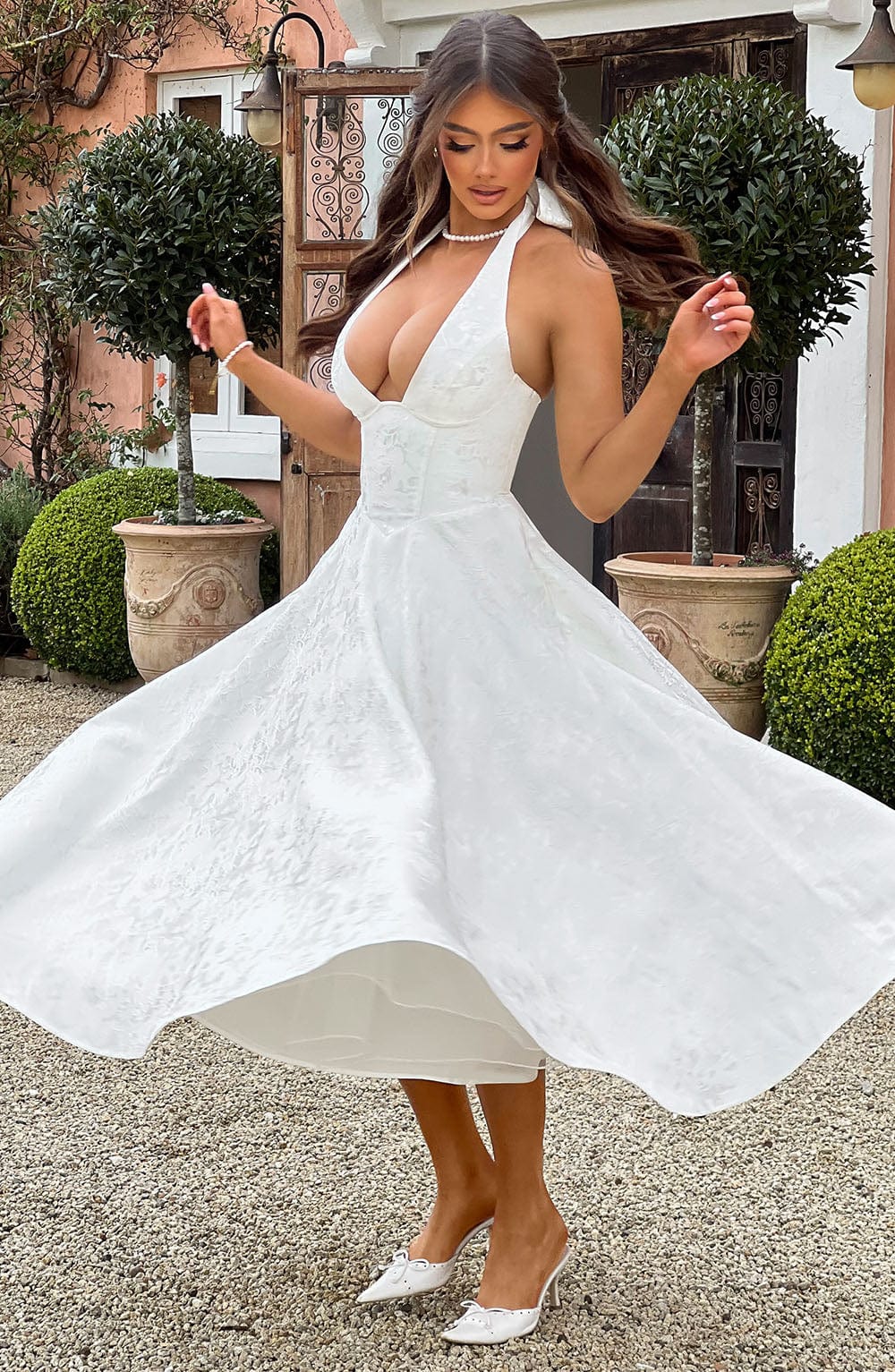Women's Halter Sleeveless Midi Wedding Guest Dress