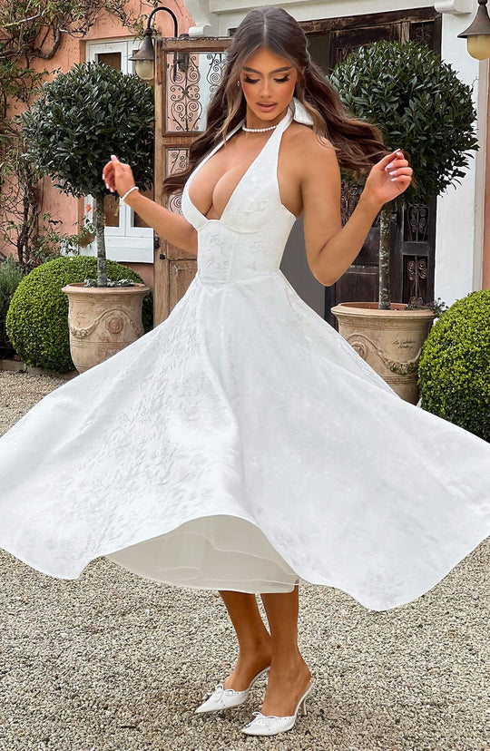 Women's Halter Sleeveless Midi Wedding Guest Dress
