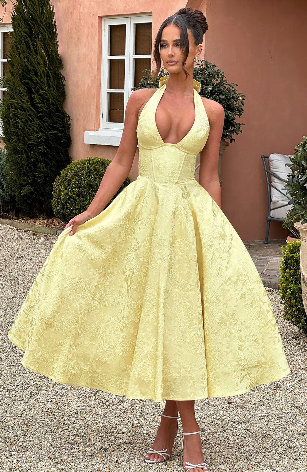 Women's Halter Sleeveless Midi Wedding Guest Dress
