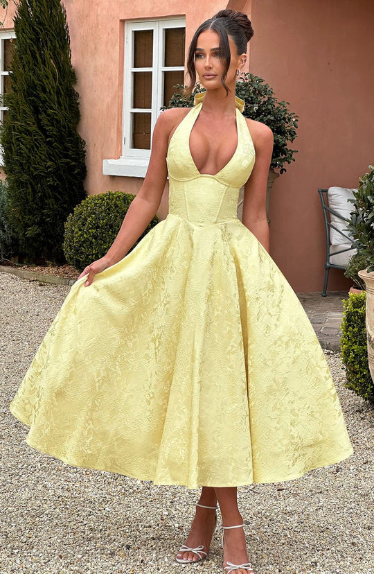 Women's Halter Sleeveless Midi Wedding Guest Dress