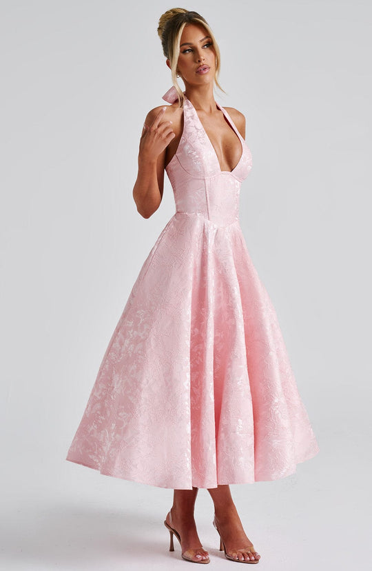 Women's Halter Sleeveless Midi Wedding Guest Dress