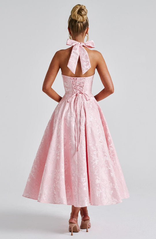Women's Halter Sleeveless Midi Wedding Guest Dress