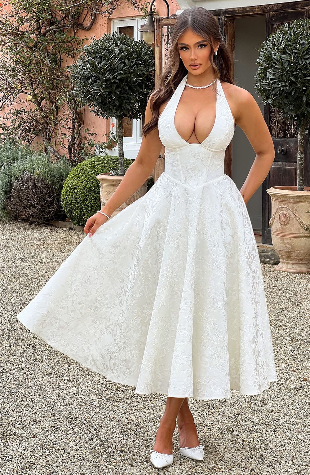 Women's Halter Sleeveless Midi Wedding Guest Dress