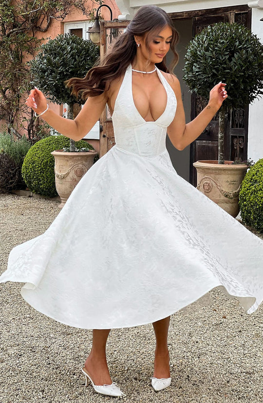 Women's Halter Sleeveless Midi Wedding Guest Dress