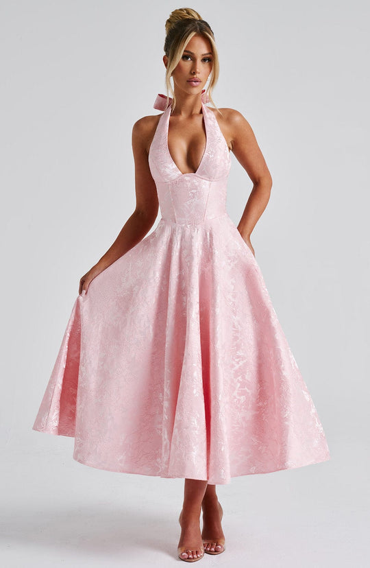 Women's Halter Sleeveless Midi Wedding Guest Dress